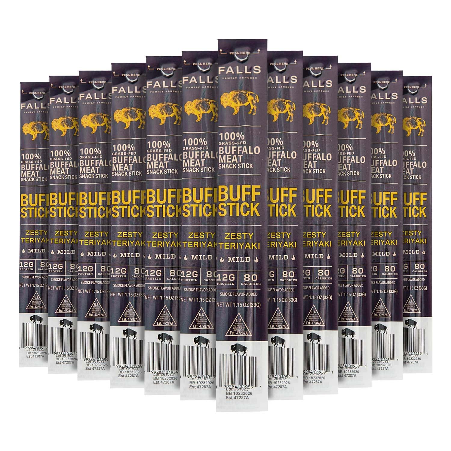 Grass-Fed Buffalo Meat Snack Sticks, Zesty Teriyaki Sweet by Falls Family Ranches, 12 Pack 1.15oz Stick Carton, 12g Protein, 2g Sugar, 80 Calories