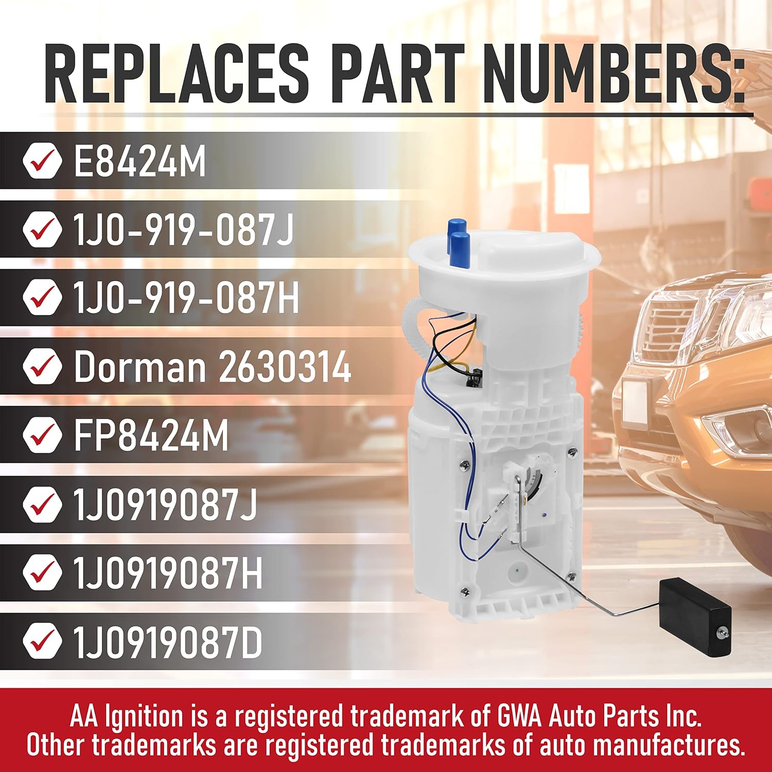 Fuel Pump Assembly - with Sending Unit - Replaces E8424M, 1J0-919-087J, 1J0-919-087H - Compatible with Volkswagen MK4 Beetle, Golf, Jetta - 1.8L, 2.0L, 2.8L - Year Models 1998, 99, 2000, 2001-2005