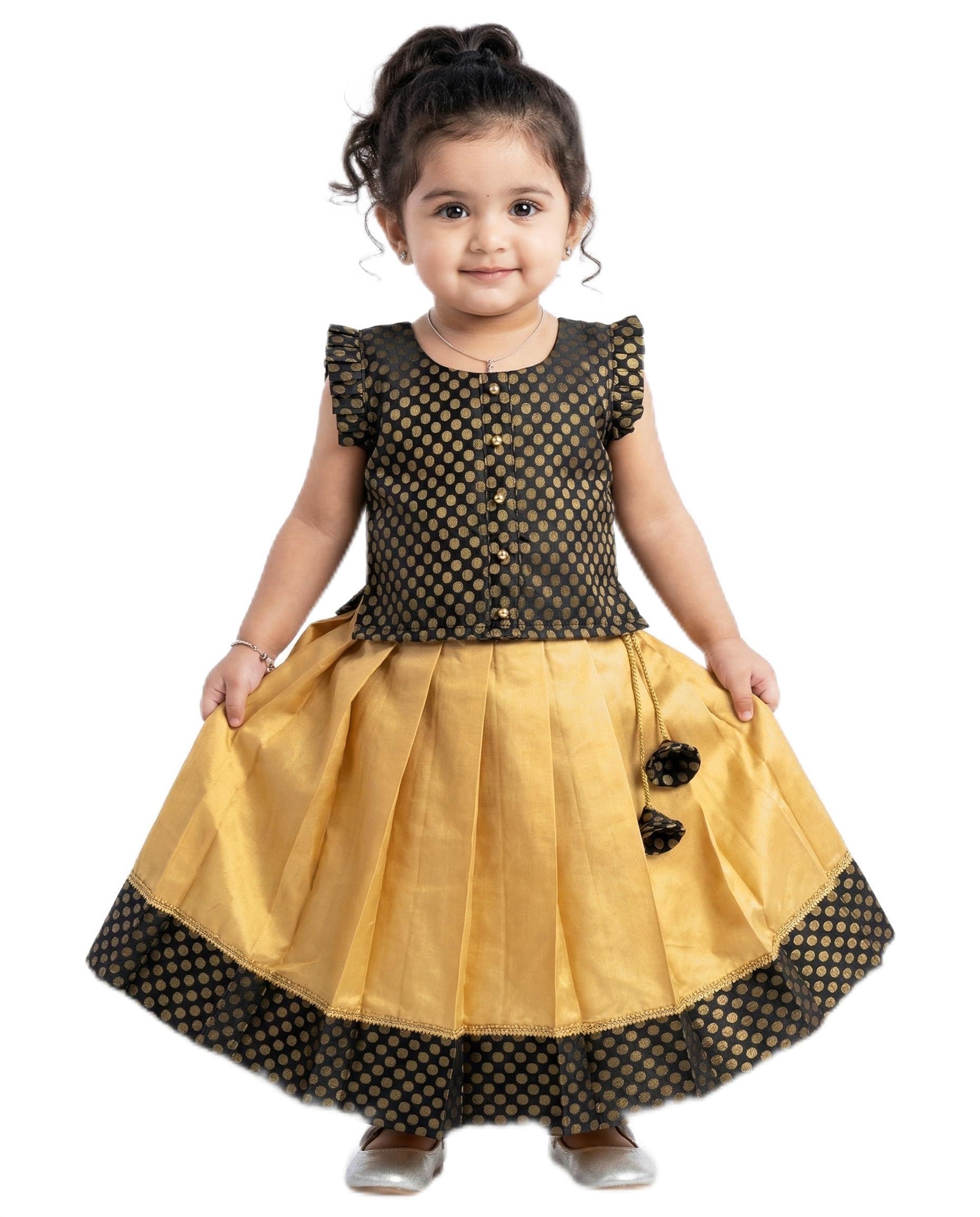Stanwells Kids Kerala Kasavu Polka Brocade Silk Baby Girls Floral Embroidery Lehenga Choli Set