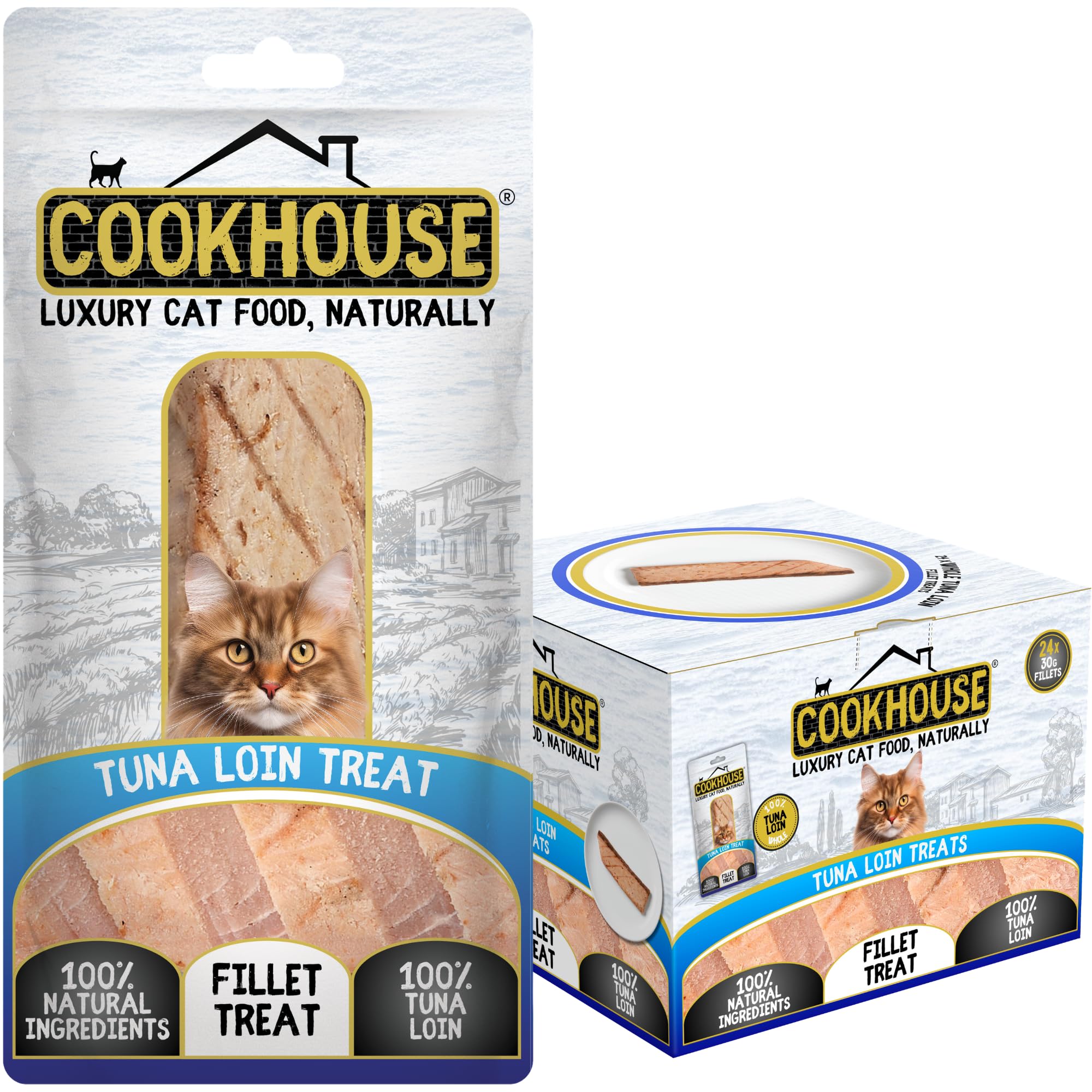 COOKHOUSE 100% Pure Whole Tuna Loin Fillet Luxury Cat Treats - 24 x 30g Pouches - 100% Natural - Grain Free - High Protein - Low Fat Cat Snack