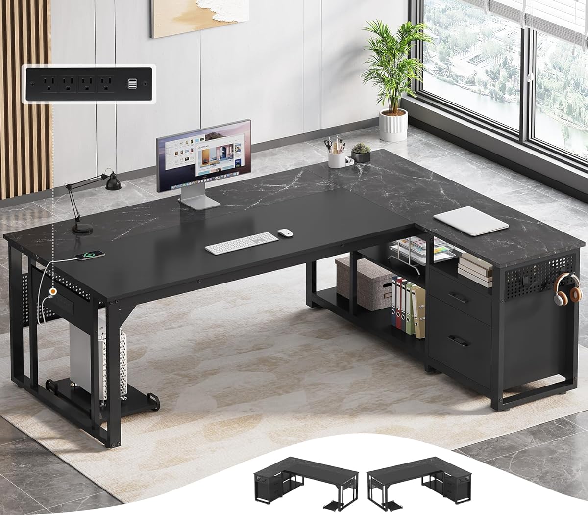 71 in Executive Desk with Power Outlets, Reversible L Shaped Desk with File Drawers & Storage Shelves, Large Office Desk Computer Desk with Pegboard, Mobile CPU Stand, Modern Corner Desk (Black)