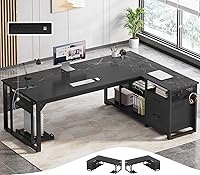 71" Reversible L-Shaped Executive Desk with Power Outlets, File Drawers, Pegboard & Mobile CPU Stand - Black Home Office Computer Desk