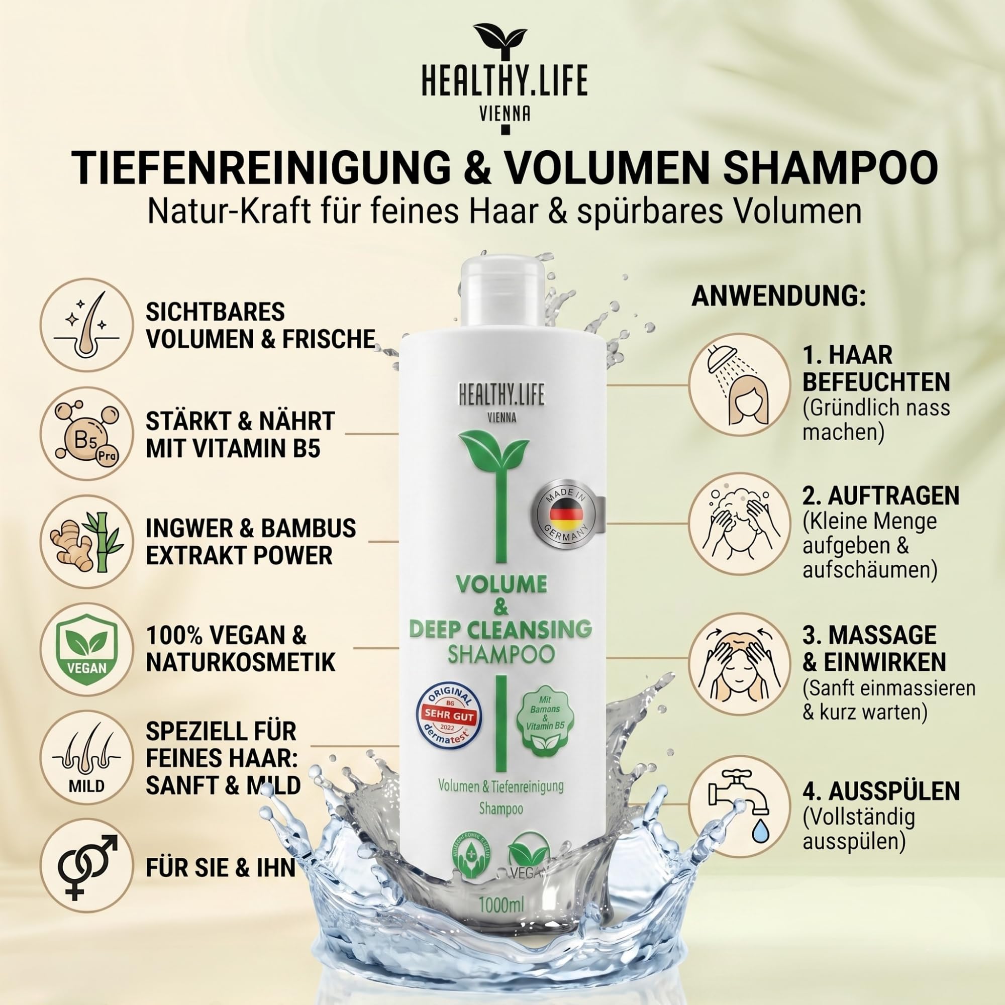 HLV – Volumen & Tiefenreinigung Haar Shampoo mit Vitamin B5 – Ingwer & Bambus Extrakt, VEGAN, Naturkosmetik, Mildes Haarshampoo für Feines Haar, Deep Cleansing, Haarpflege für Damen & Herren (1000ml)