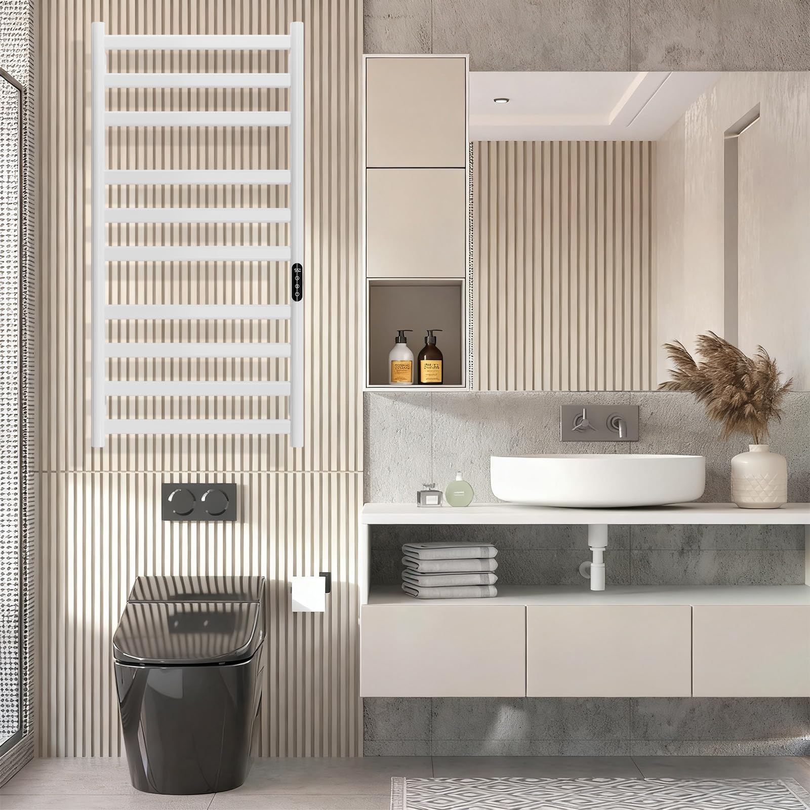 Radiador Toallero Eléctrico Baño, 285 W Radiador Calienta Toallas de Toallero, Toallero Calentado Temperatura Ajustable 30–70 °C, Temporizador 1-9 H y Pantalla táctil LED, IPX4, 50x100cm, Blanco