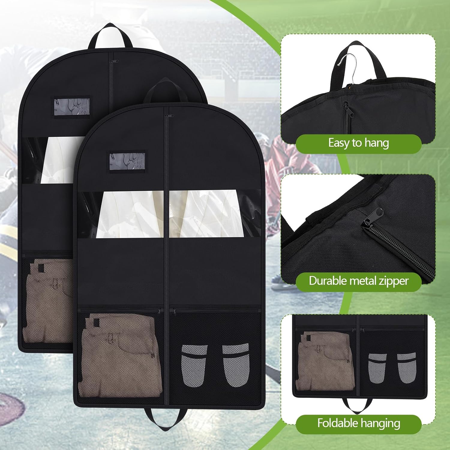 Windyun 2 Pcs Hockey Jersey Garment Foldable Bag,Black,38" x 24",Novelty | Heavy Duty Fabric Protects Jerseys, Hanging Design with Easy Storage, Ideal for Travel and Team Sports, Fits 38x24 Gear