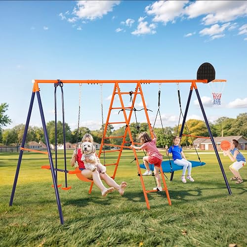 Nouva 6 in 1 Metal Swing Sets for Backyard - Heavy-Duty Kids Outdoor Combo w/2 Swings & Climbing Ladder & Nets & Seesaw & Basketball Hoop - Swing Stand Set for Playground, Playset