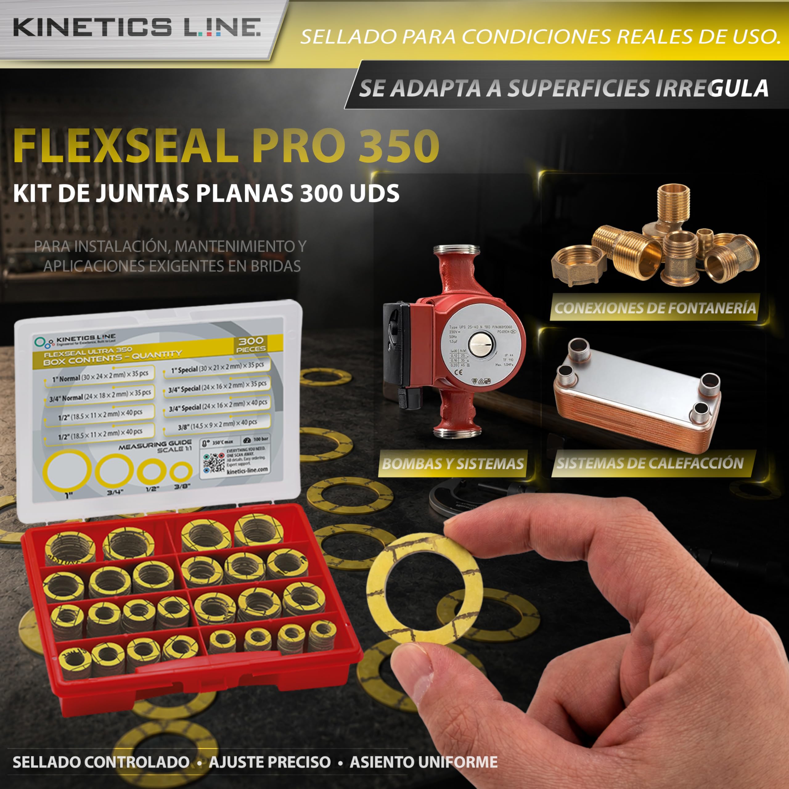 Juego De Juntas Planas De Estanqueidad Flexibles 300 Piezas – Surtido De Juntas De Brida 3/8–1 Pulgada – Alta Temperatura 350°C 100 Bar – Para Gas Agua Caldera Calefacción