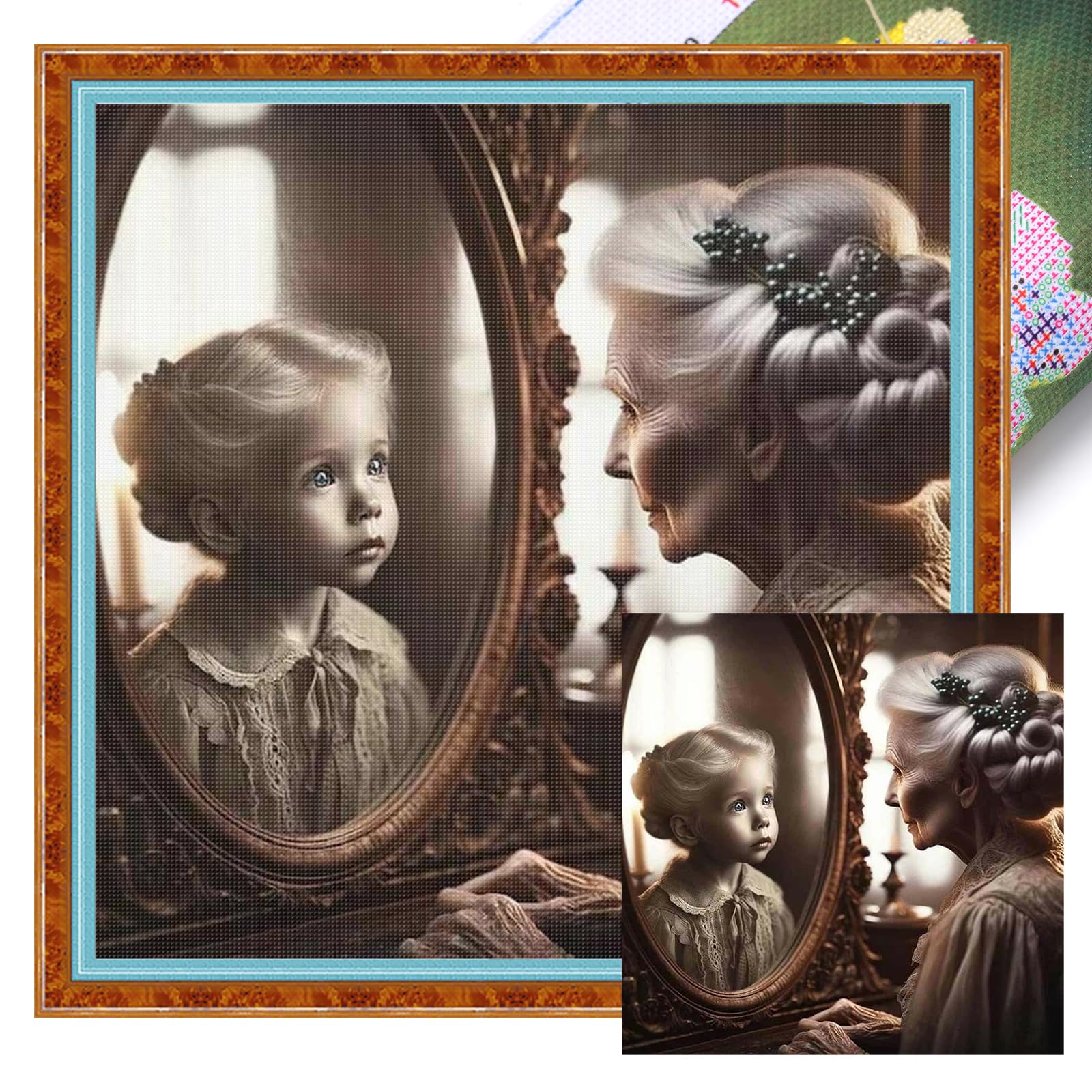 Girl in the Mirror Full 11CT DIY Stamped Embroidery Needlepoint Starter Kits 17.71x17.71inch Cross Stitch Art and Crafts Kits for Beginners Adults Home Decor