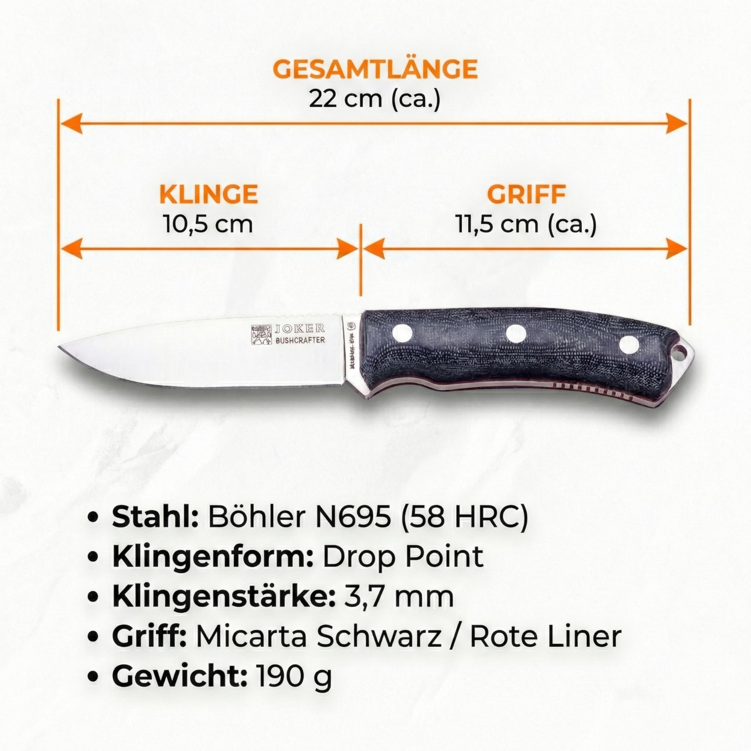 Joker Bushcraft-Messer Bushcrafter CM120, schwarze Lederscheide, Überlebensmesser mit 10,5 cm Klinge aus Böhler N695 Stahl, schwarzer Micarta-Griff, Werkzeug zum Angeln, Jagen, Camping und Wandern