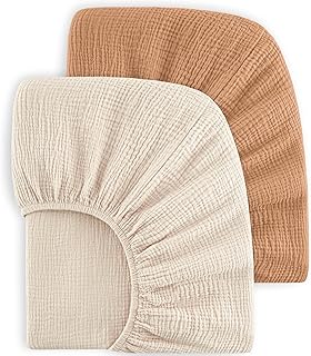Bearmoss Sábana de Muselina, 100% Algodón, para Colchón Estándar de Cuna y Colchón de Cama Infantil, 60 x 120 cm/70 x 140 cm,Sabana Bajera Cuna Ajustables para Cama Auxiliar (Marrón)