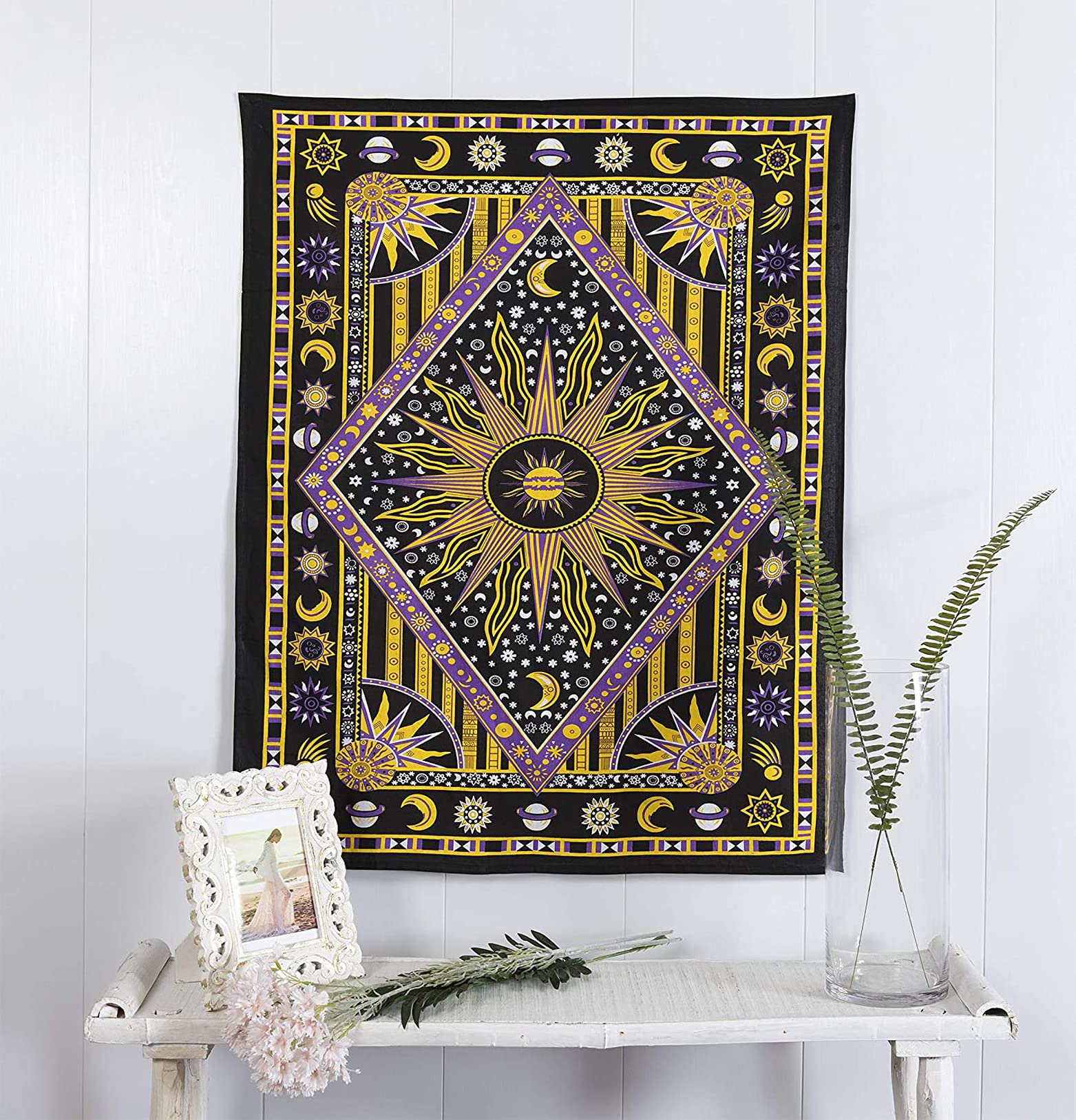 Raajsee Sun Moon Yellow Tapestry Aesthetic-Zodiac Mandala Tapestry Wall Hanging - Celestial Wall décor Burning Sun Tapestries for Bedroom – Tarot Card Boho Tapestrys Hippie 30x40 Inches