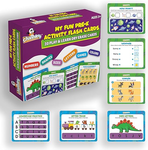 Channie's My Fun - Tarjetas didácticas de actividades de prekínder, 30 tarjetas educativas de borrado en seco para niños a partir de 3 años,