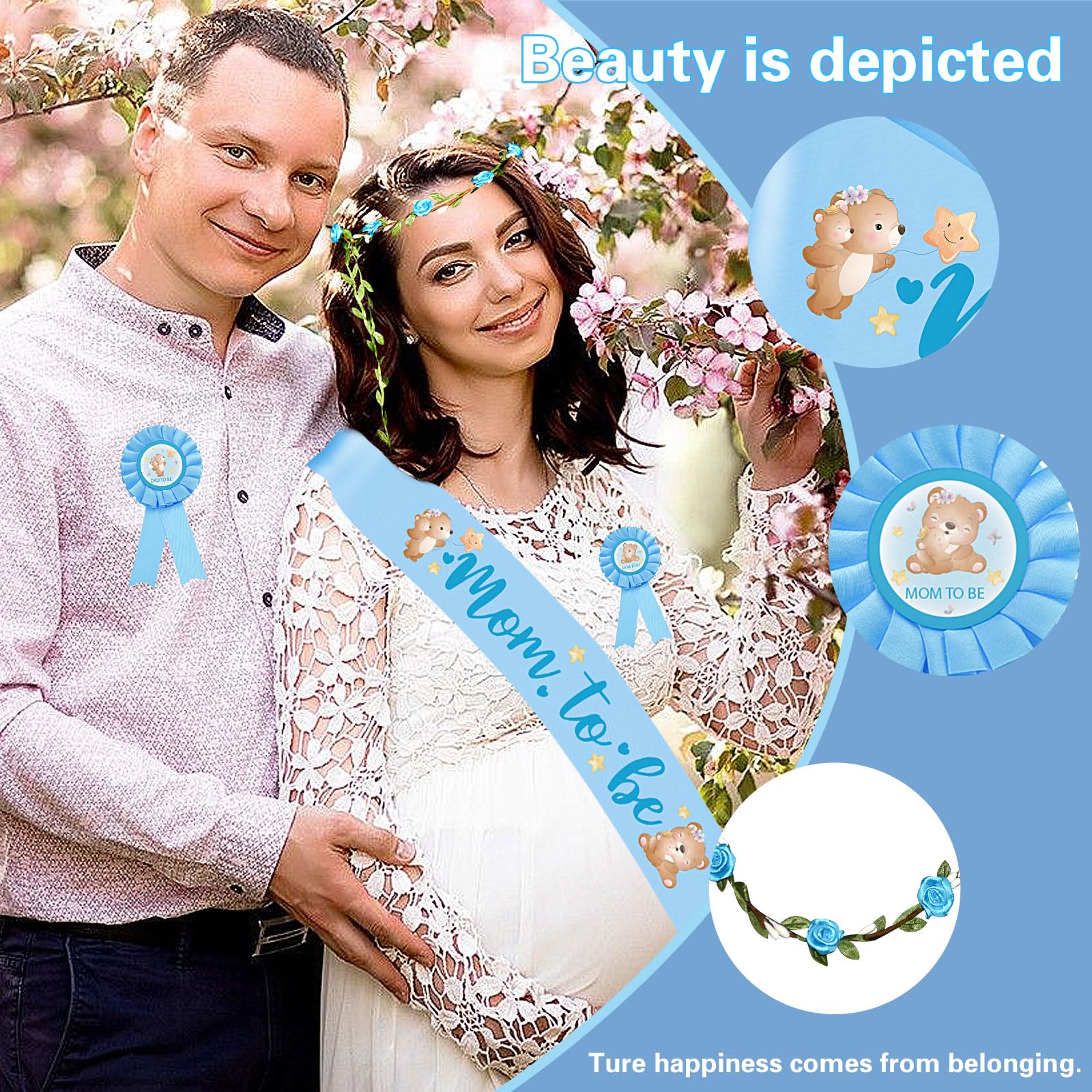 4pcs Bear Theme Mom to Be Sash baby shower Dad to Be Pin and blue Flower Crown for Gender Reveal Party Baby Shower Decorations for boys Pregnancy Props Keepsake Gifts