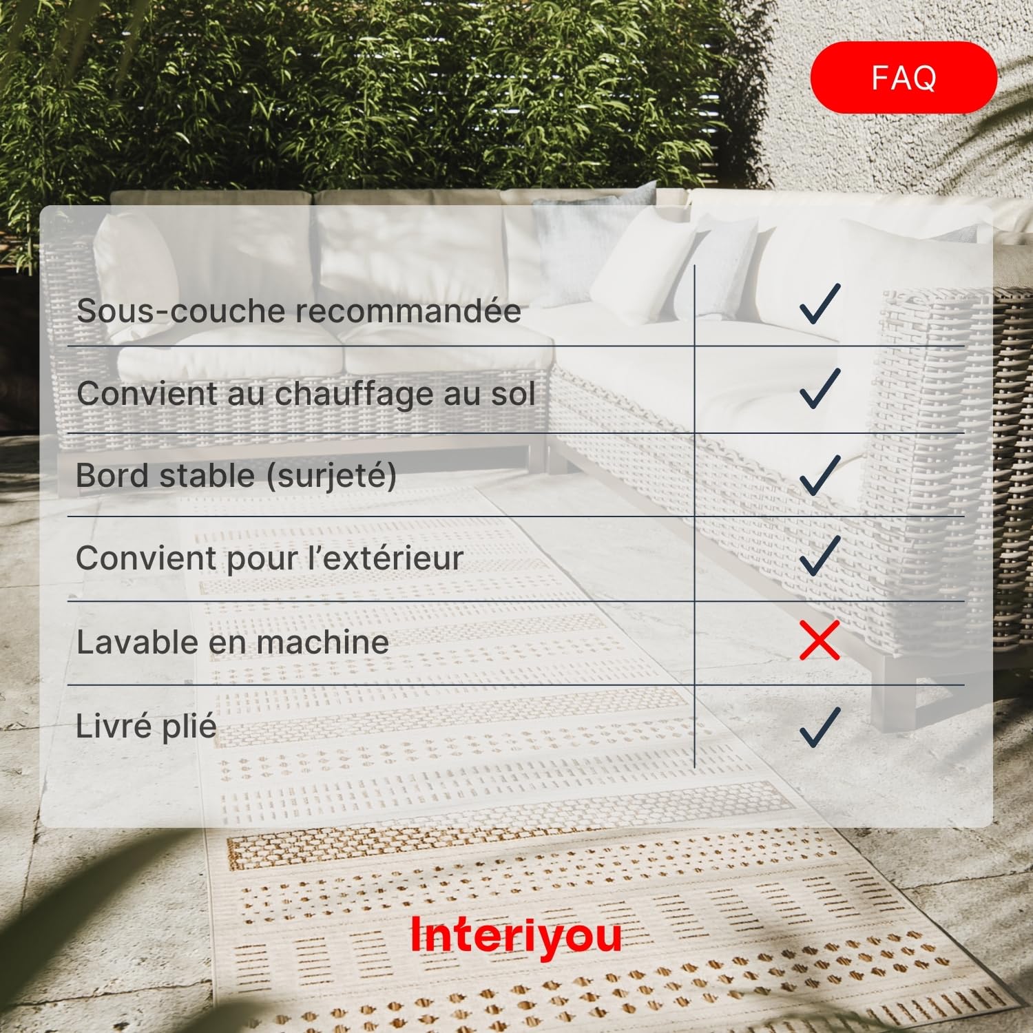 Interiyou Tapis d'extérieur Kano résistant aux intempéries - 80 x 300 cm - Crème/beige - Imperméable - Pour balcon, terrasse, jardin - Tapis d'extérieur - Convient également pour salon, chambre à