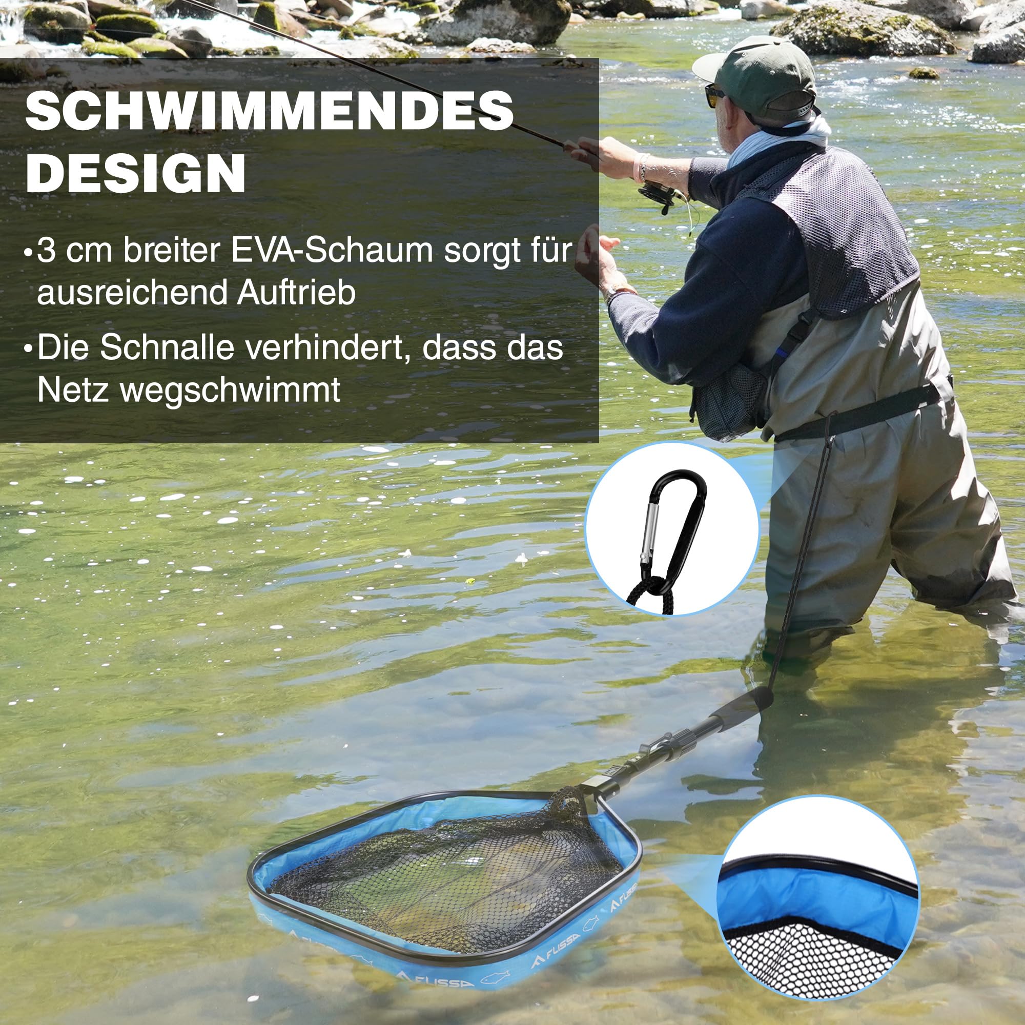 FLISSA Kescher Angeln, Schwimmender Fischkescher, Gummierter Angelkescher, Faltbar, ausziehbar & fischschonend, Ideal für Fliegenfischen, Kajak- oder Bootsangeln