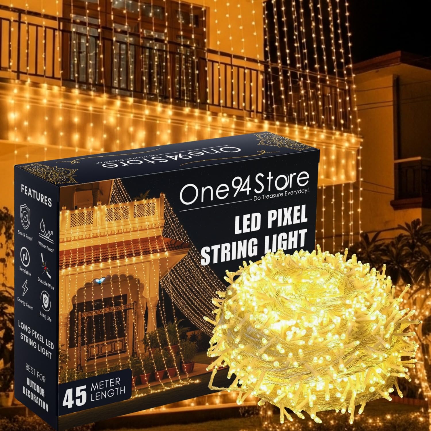 One94Store 45 Meter 144 LED Waterproof Copper Wire String Fairy Rice Lights for Indoor & Outdoor Decoration, Festival, Party, Wedding, Garden, Lawn (Warm White) (Pack of 1)