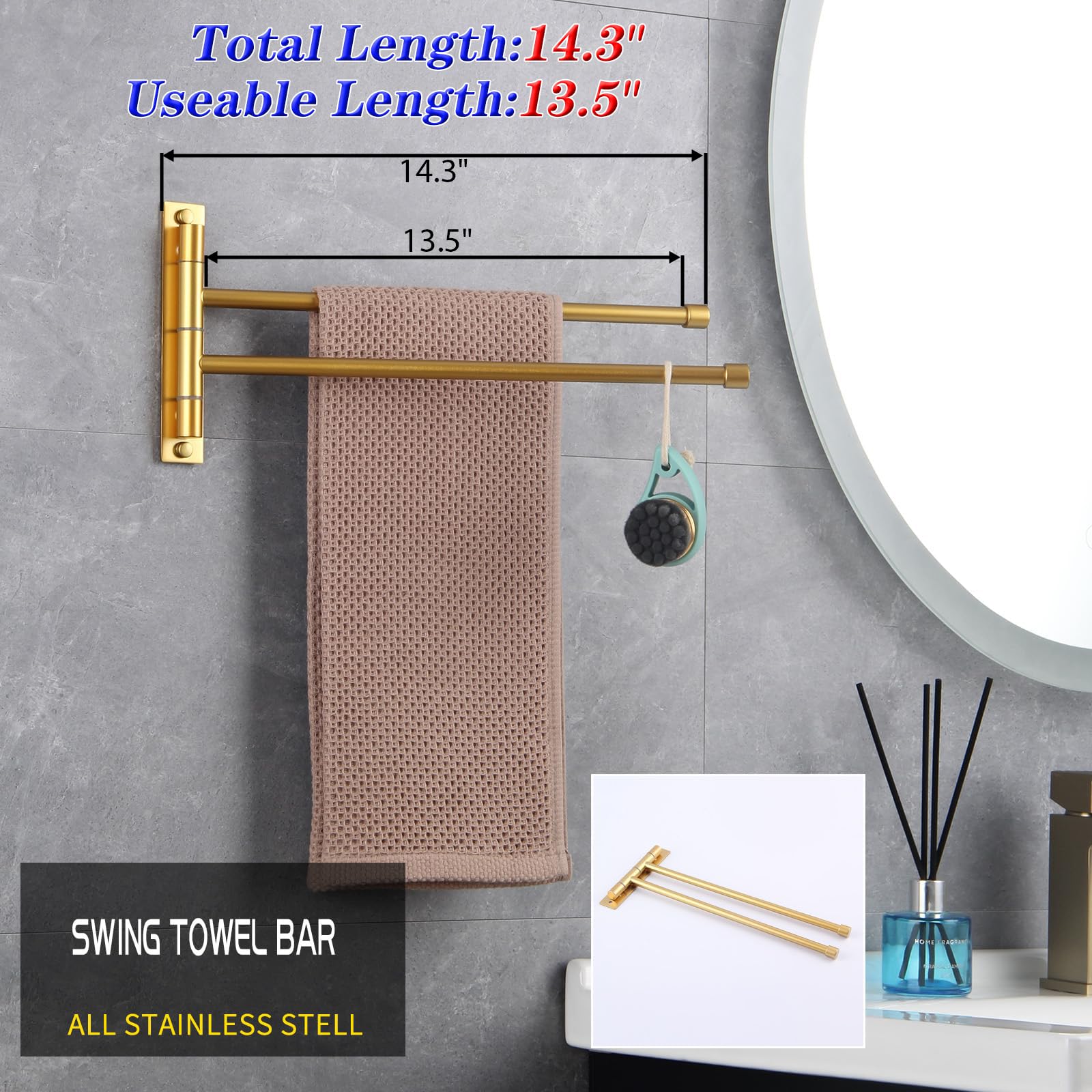 GERZWY Bathroom Swing Arm Towel Bars 2-Arm Wall Mount Stainless Steel Bath Towel Rack Hanger Towel Holder Organizer Gold Finished HYG02-BE - Image 2