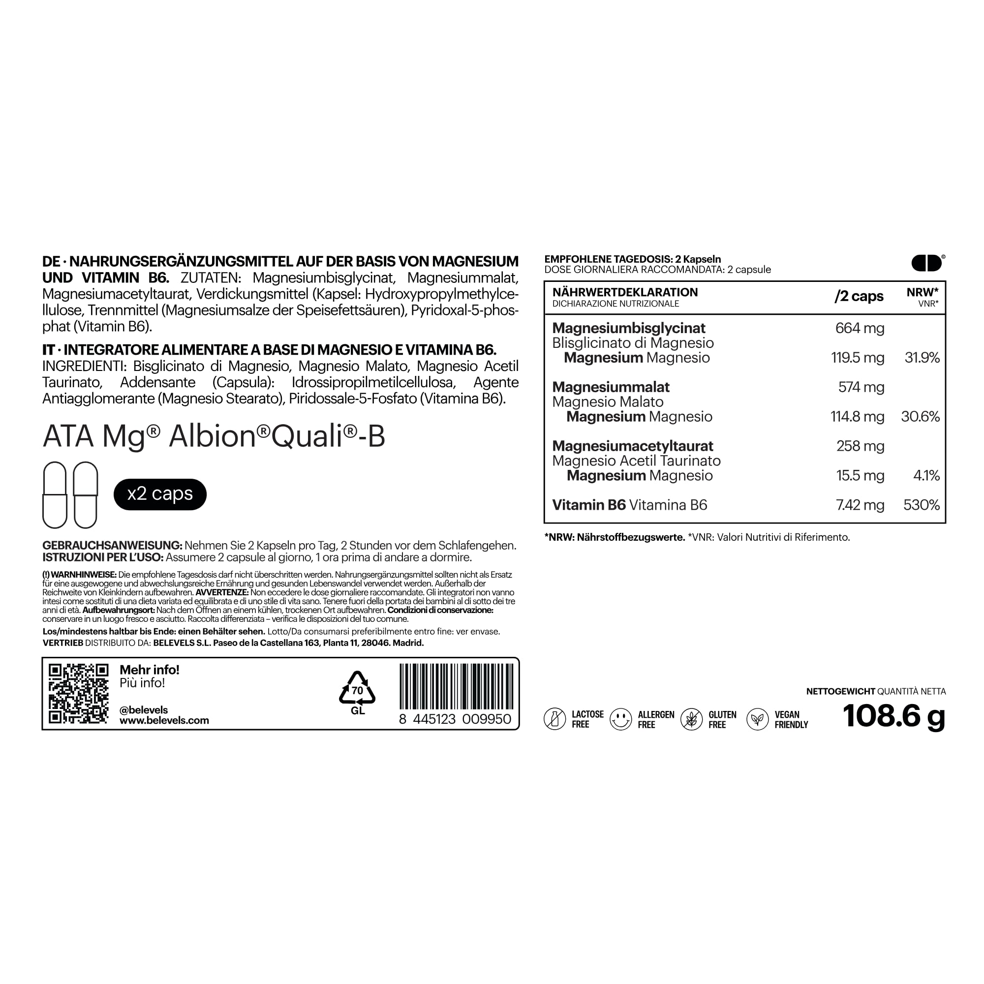 Magnesium Bisglycinat Komplex Hochdosiert + Malat + N-Acetylmagnesiumtaurinat + Vitamin B6 120 Kapseln für Muskeln + Energie + Schlaf vegan ohne Gluten ohne Laktose bisglycinate complex be levels