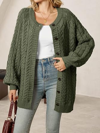 Saodimallsu Womens Cable Knit Cardigans Oversized Chunky Button Down Long Lantern Sleeve Crew Neck Warm Sweater Dress