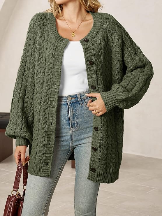 Saodimallsu Womens Cable Knit Cardigans Oversized Chunky Button Down Long Lantern Sleeve Crew Neck Warm Sweater Dress
