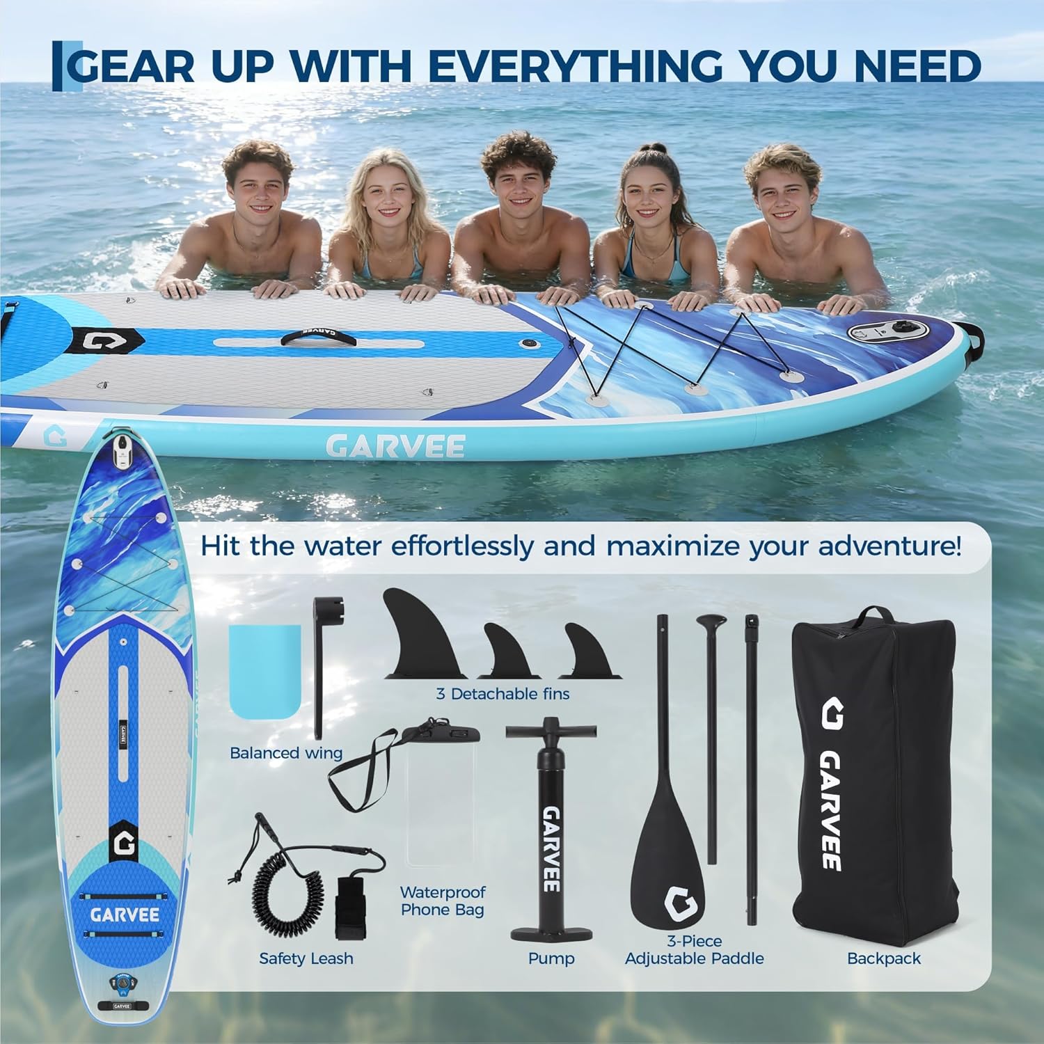 GarveeLife Inflatable Paddle Board,10.6/11FT Inflatable Stand Up Paddle Board with Premium SUP Paddleboard Accessories, Wide Stable Design, Non-Slip Comfort Deck for All Skill Level