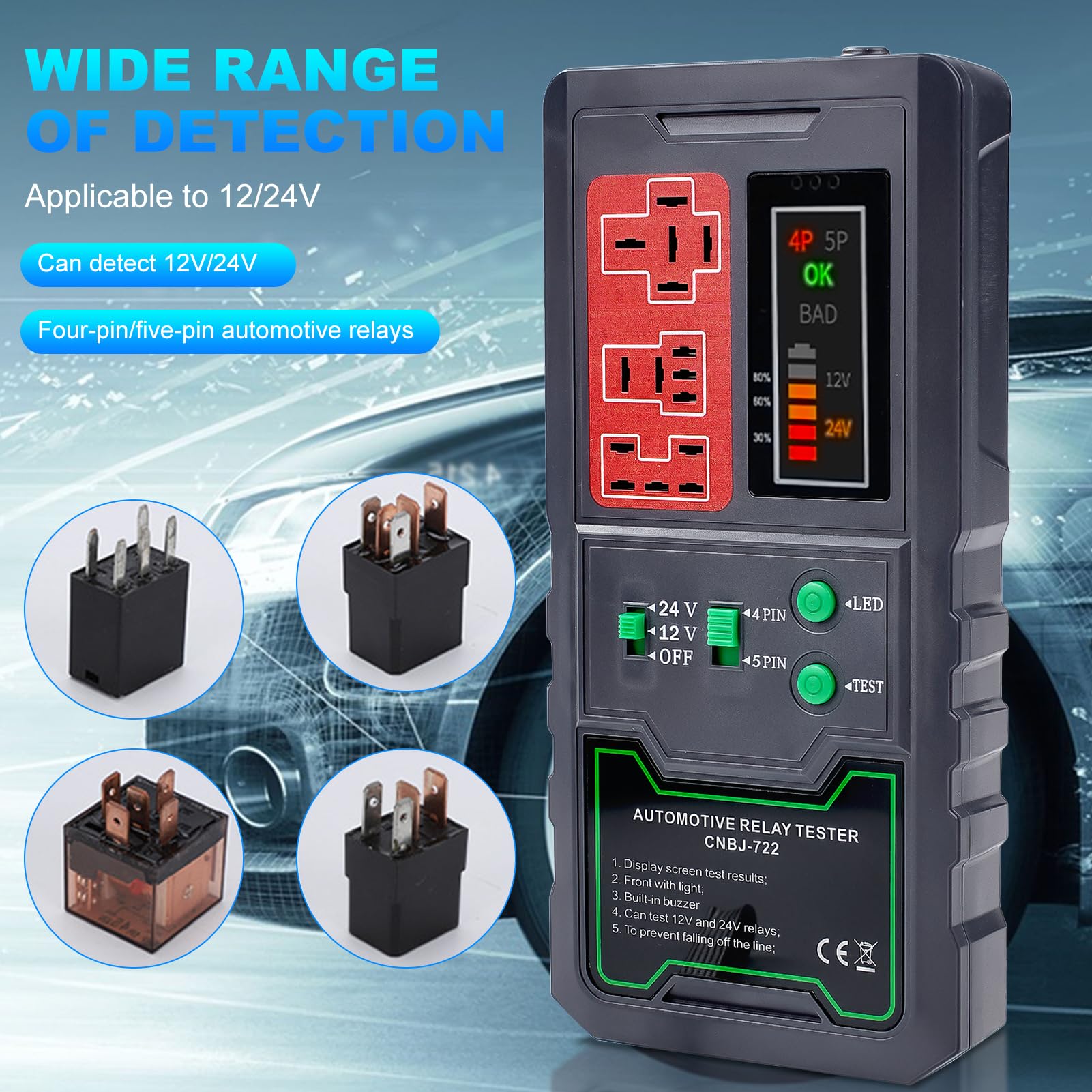 Tester relè per auto12 V, 24 V, elettronico per automotive, tester per batteria, strumento diagnostico