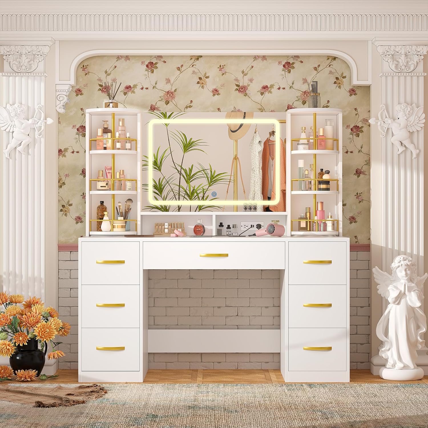 Vanity Desk with LED Mirror and 360 Rotating Makeup Organizer Shelves, White Makeup Vanity with Lights & Charging Station, Large Vanity Table with 6 Storage Drawers Bedroom Makeup Desk for Women Girls White Vanity