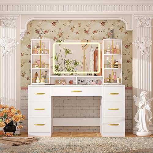 Miniatura 7 de Mesa de tocador con espejo LED y estantes organizadores de maquillaje giratorios 360, tocador de maquillaje blanco con luces y estación de carga,