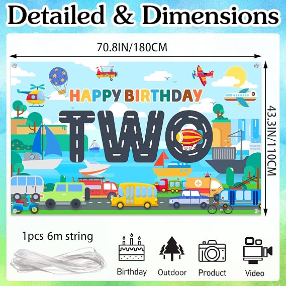 Transportation 2nd Birthday Banner Backdrop - Transport Themed Party Decoration and Car Party Supplies for Boys, Fun Vehicle Theme Fabric Backdrop 5.9x3.6ft for 2-Year-Old Birthday