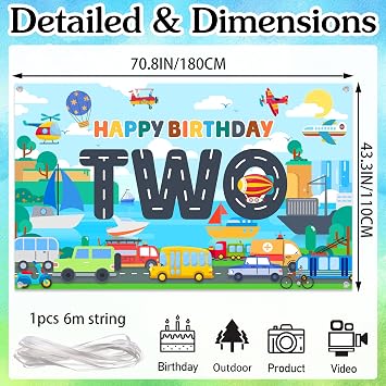 Transportation 2nd Birthday Banner Backdrop - Transport Themed Party Decoration and Car Party Supplies for Boys, Fun Vehicle Theme Fabric Backdrop 5.9x3.6ft for 2-Year-Old Birthday