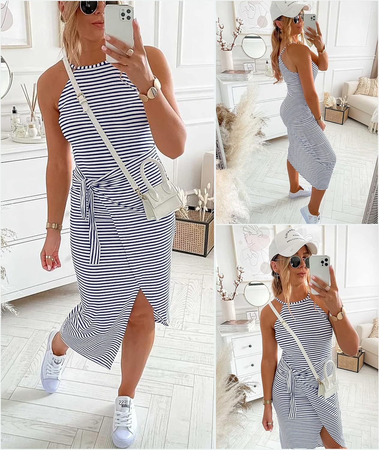 NOLLSOM Women Casual Sleeveless Striped Tank Midi Dresses Halter Neck Ruched Bodycon Dresses Tie Waist T Shirt Summer Dress - Image 4