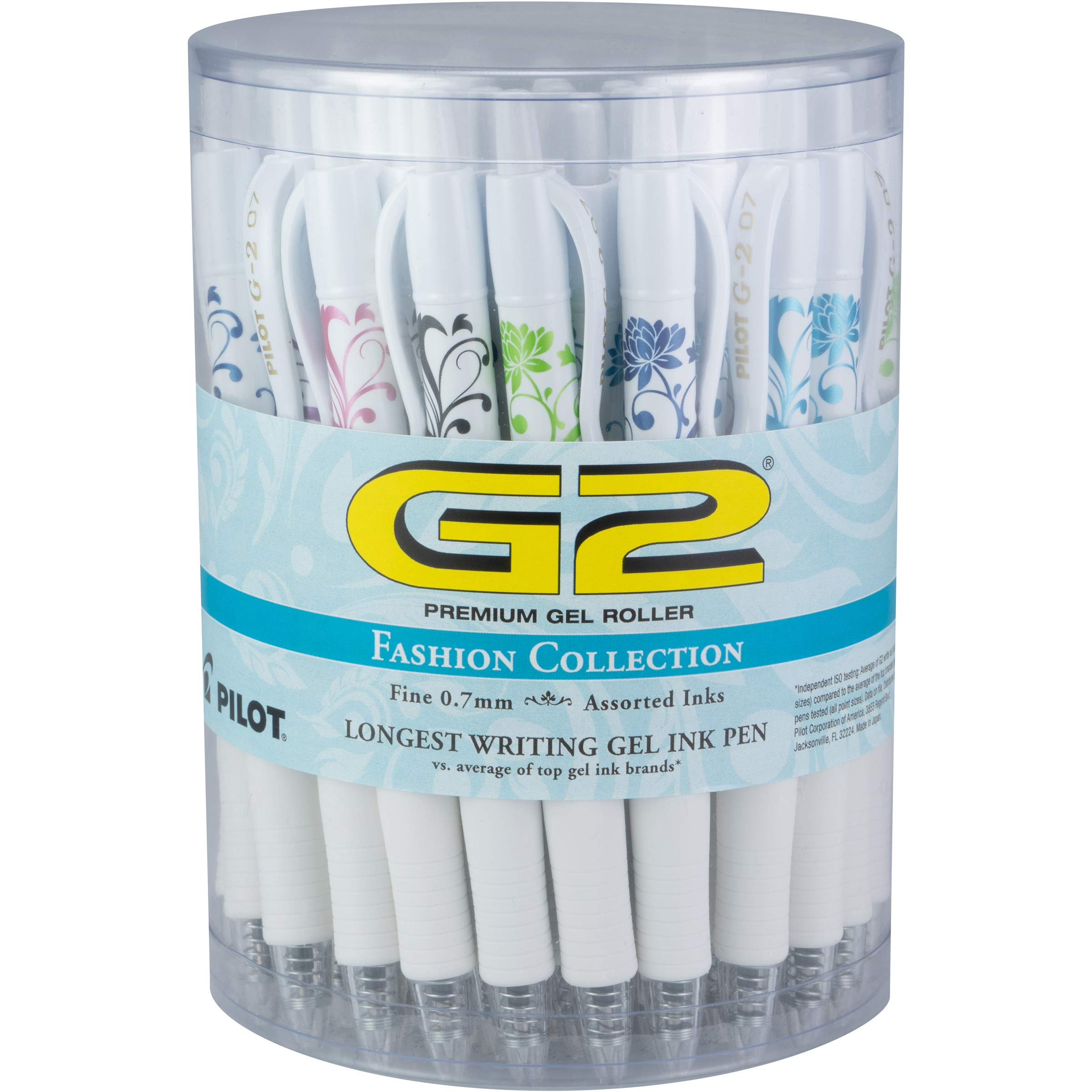 PILOT G2 Fashion Collection White Refillable & Retractable Rolling Ball Gel Pens, Fine Point, Assorted Grip/Ink Colors, Tub of 36 (8037)