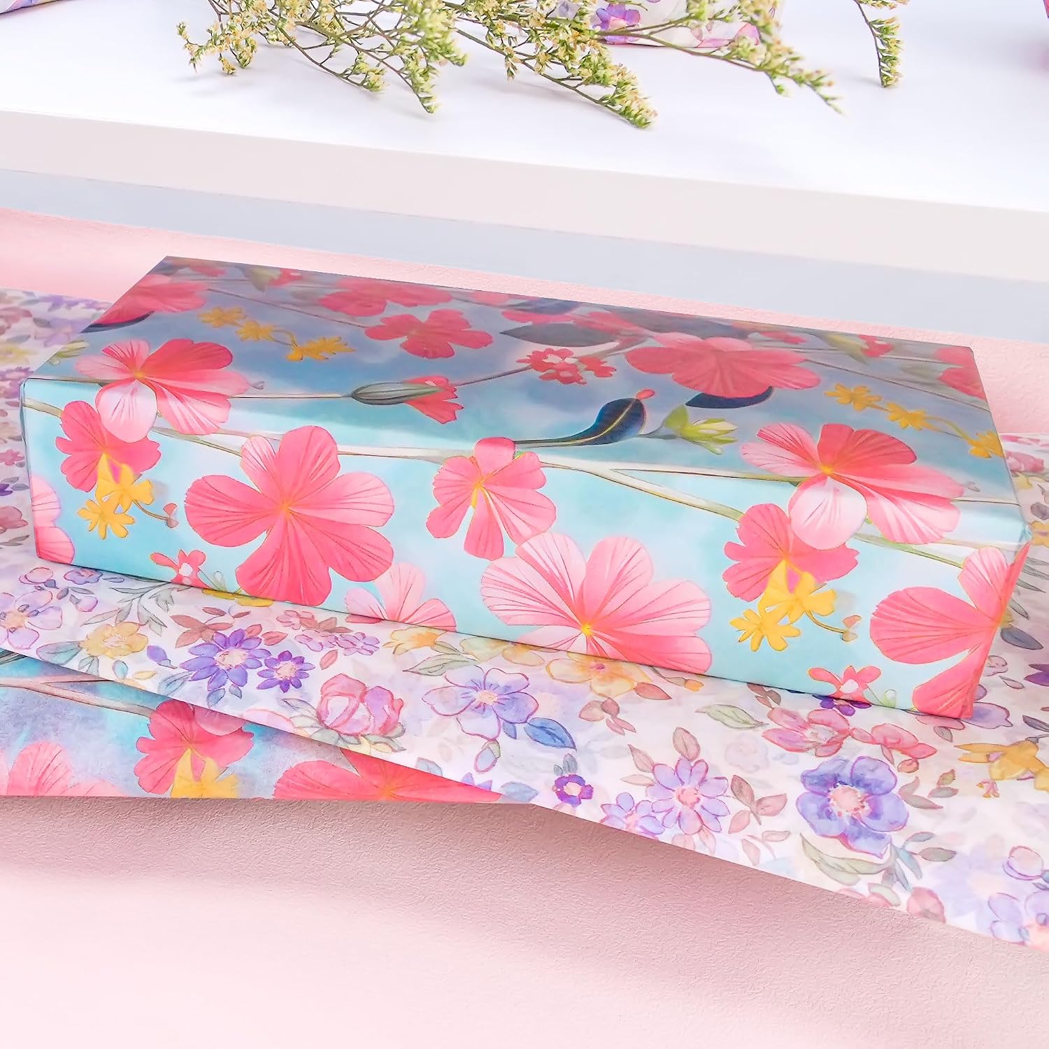 Hi Sasara 60 Sheets Floral Tissue Paper Bulk, 14 x 20 inch, Colorful Floral Printed Tissue Paper for Gift Bags, Home Decoration, Wedding, Birthday, Holiday Party (Pink)
