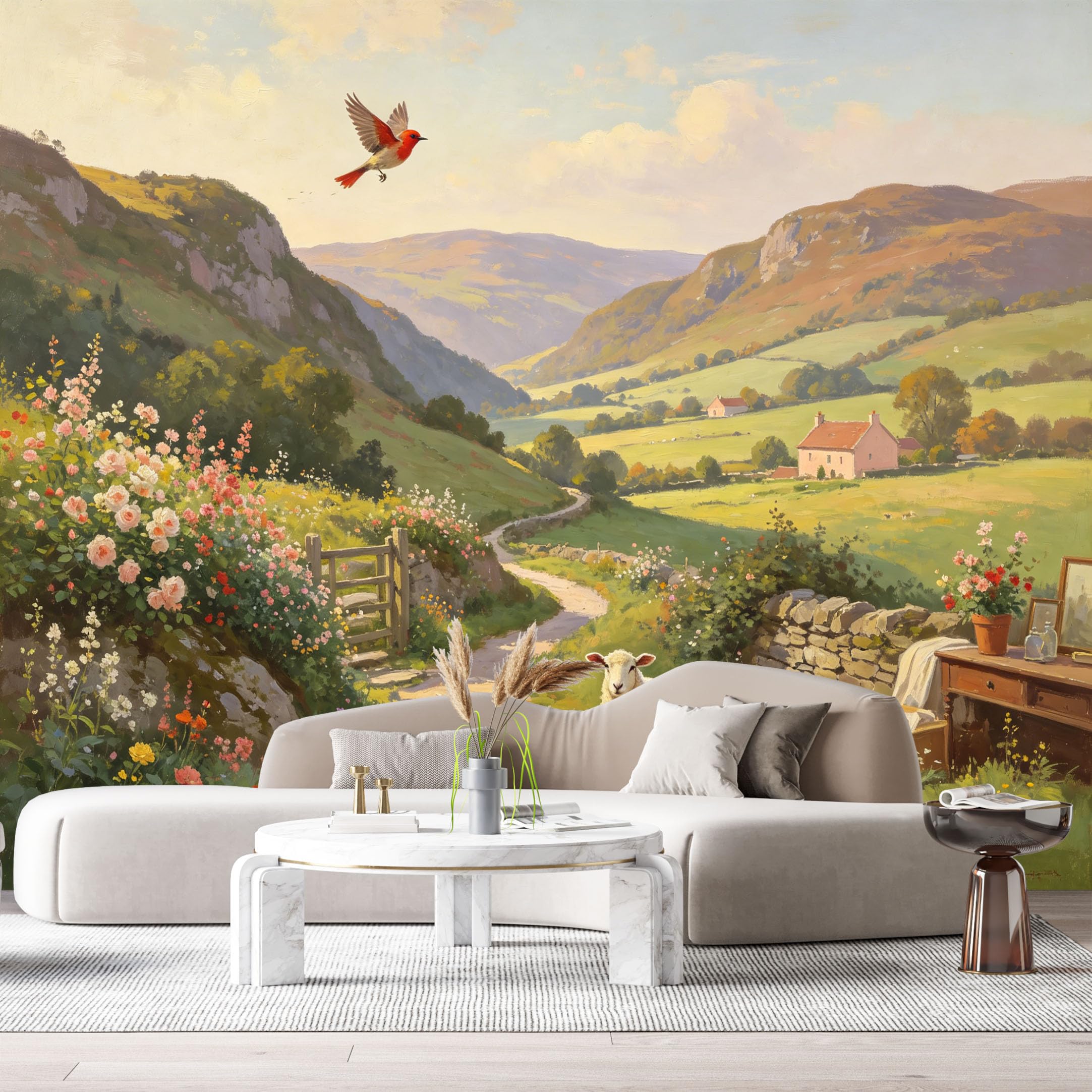 Custom Size Wall Murals Farmhouse Landscape Oil Painting Sheep Birds Meadow Path SelfAdhesive Wall Fabric Removable Large Wallpaper for Photo Living Room
