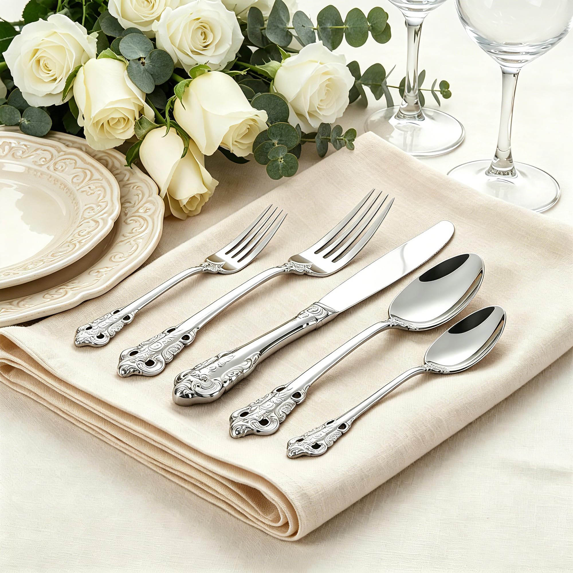 Prächtiges Barock Silber 18/10 Edelstahl Besteck-Set mit 20 Teilen, rostfreies Edelstahl Besteck inklusive Gabel, Löffel und Messer mit Geschenkbox