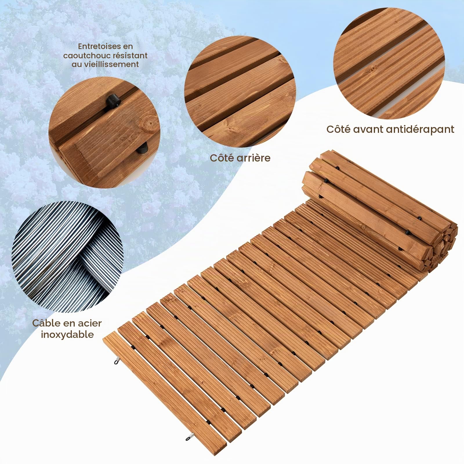 GOPLUS Allée de Jardin en Bois de 245CM, Passerelle Droite avec Fil d'acier Robuste et Motifs Antidérapants, Sol de Promenade Extérieure Enroulable pour Terrasse, Plage, Jardin, Cour (Largeur 55cm)