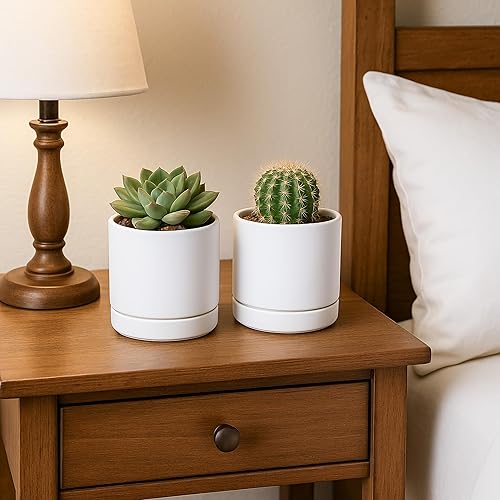 Miniatura 5 de D'vine Dev Juego de 4 macetas pequeñas de cerámica, maceta para suculentas de 4.7 pulgadas para plantas con orificio de drenaje y platillo, color