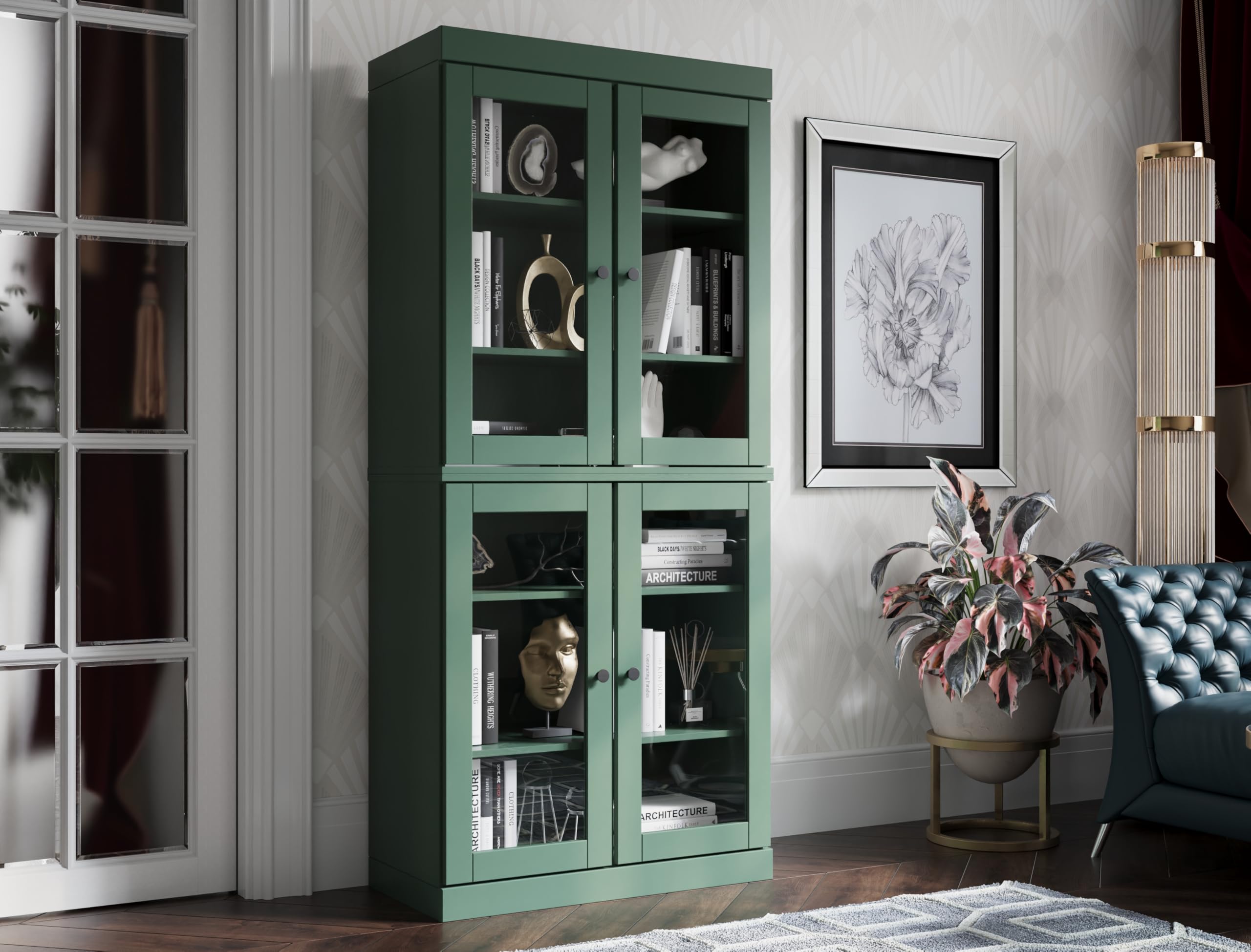 Palace Imports100% Solid Wood 6-Shelf Bookcase w/Glass Doors, Green, 32" w x 72" h, Renewable Eco-Friendly Wood, Made in Brazil