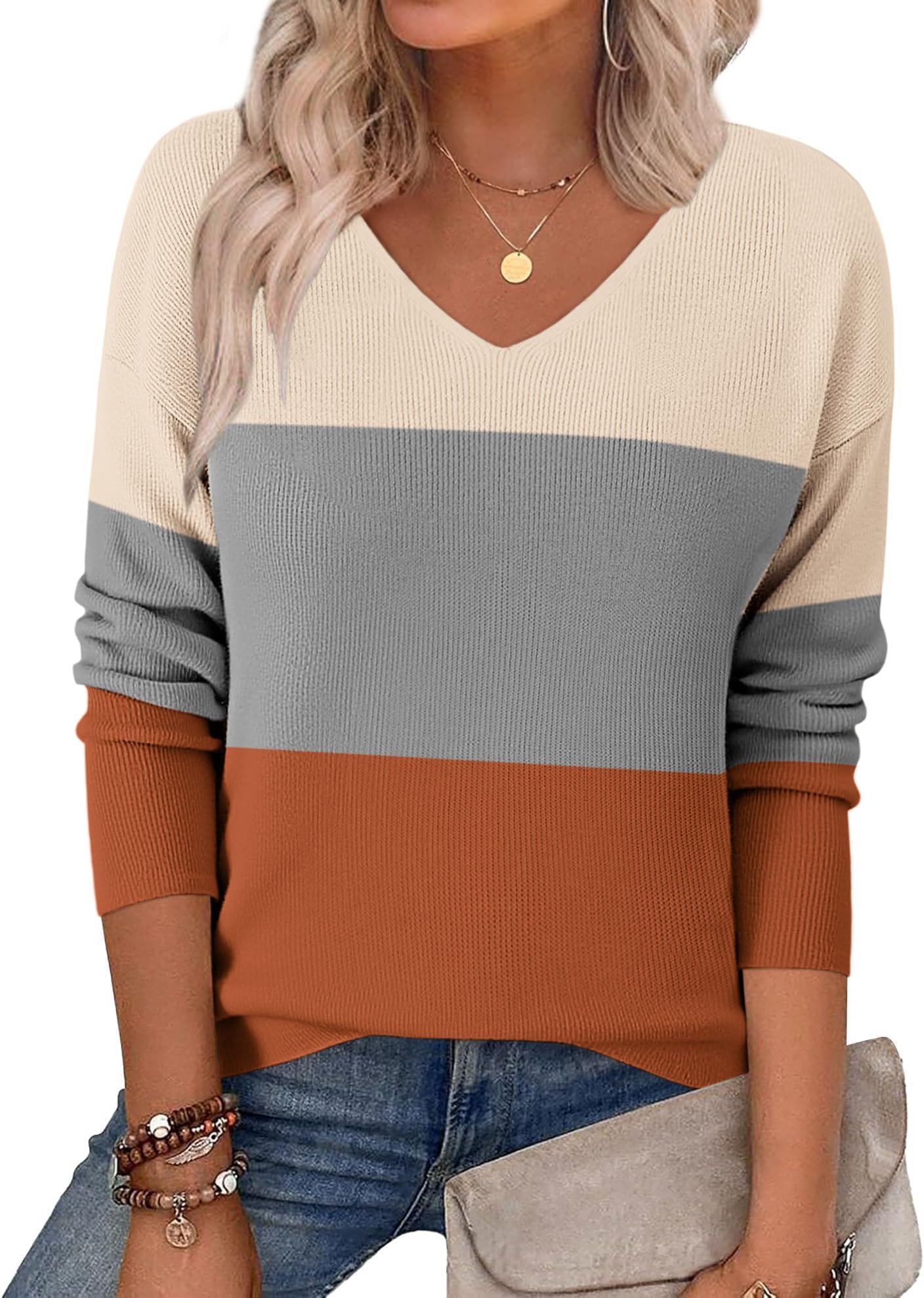 Women's 2026 Fall Sweaters Long Sleeve V Neck Knit Pullovers Business Casual Sweater Tops