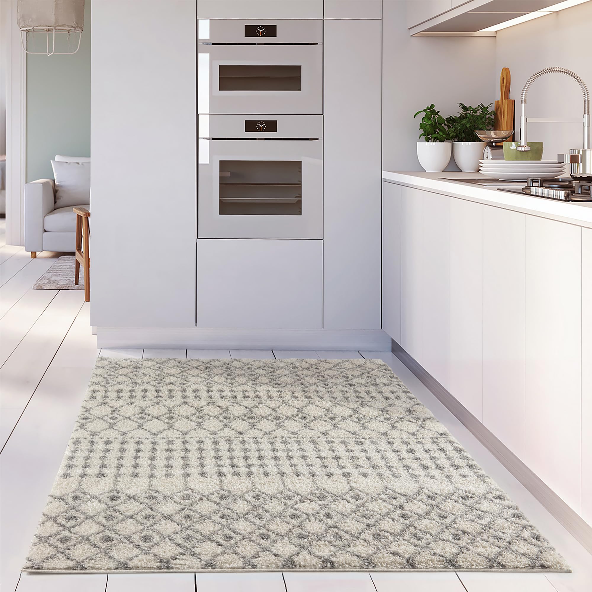 THE RUGS Modern Moroccan Design Living Room and Bedroom Rugs, Non-Shedding & Easy Care (Moroccan Ivory/Grey, 80x150 cm) - Image 3