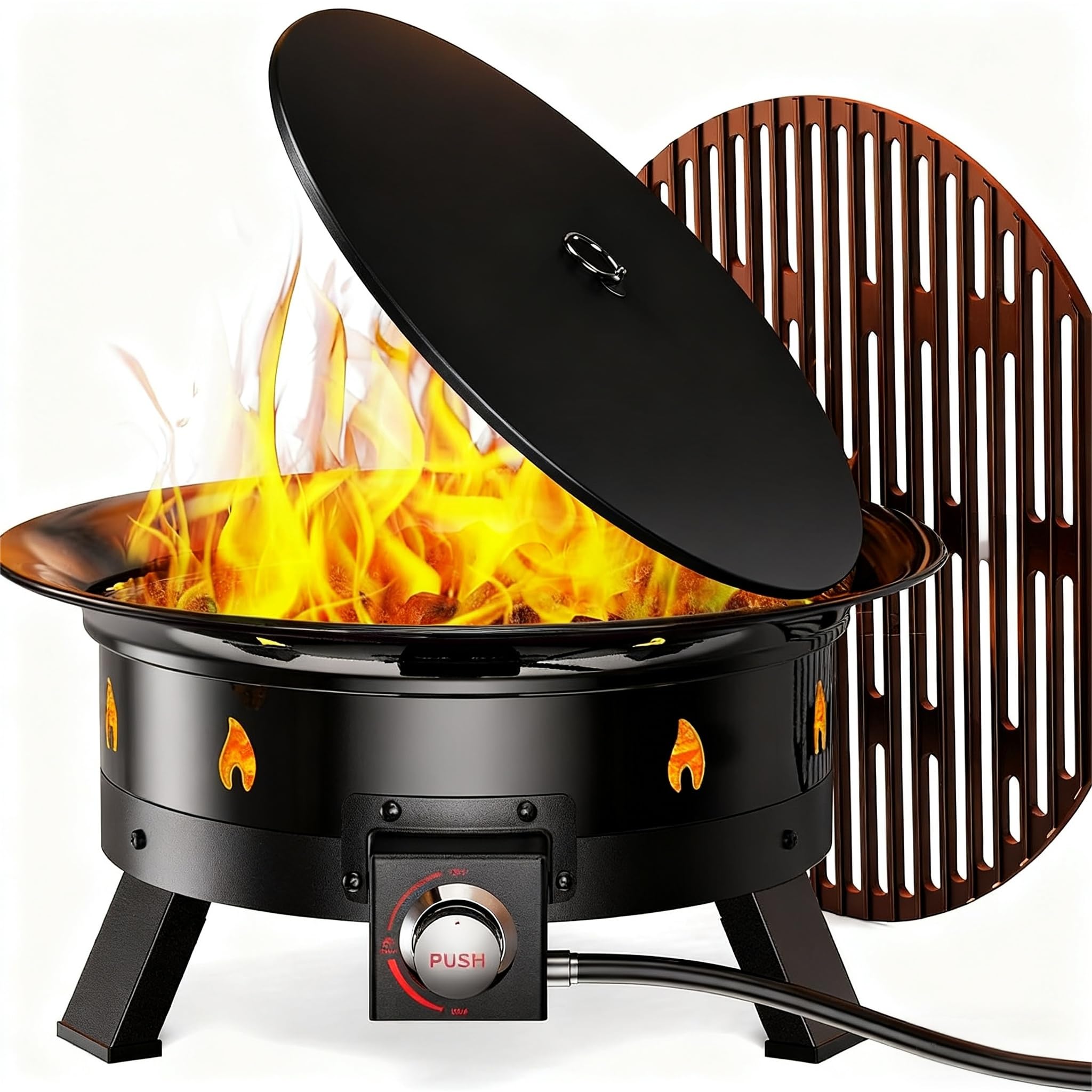 Brasero Exterior sin Humo de 21 Pulgadas con Interruptor de Aire, Parrilla de propano, Patas Plegables, Certificado CSA, 58,000 BTU, Negro, de Metal, Redondo, Compatible con propano.