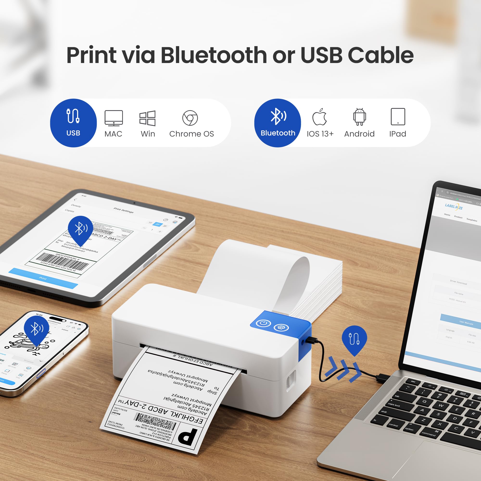 Bluetooth Thermal Shipping Label Printer, 4x6 Portable Thermal Printer, Compatible with iPhone, Android, Windows and Mac, Works with USPS, UPS, Amazon, Shopify, Etsy (White) - 3