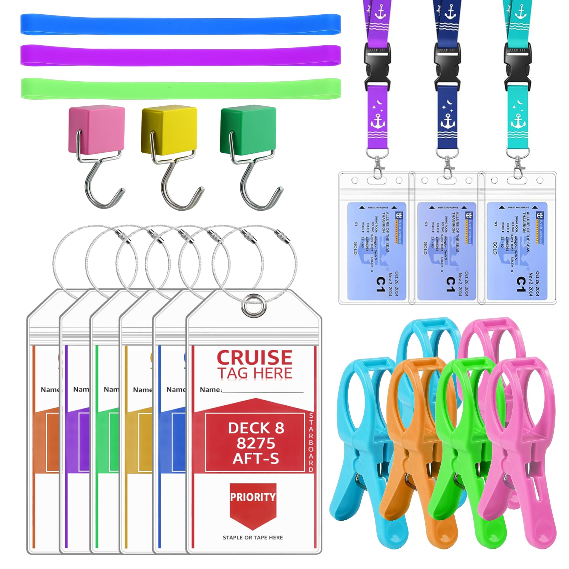 Lammcou Set de Accesorios Crucero XXL, Etiquetas Impermeables Equipaje, Lanyard, Ganchos Magnéticos, Pinzas Toalla & Bandas Elásticas tumbonas (19 * 11cm*21)