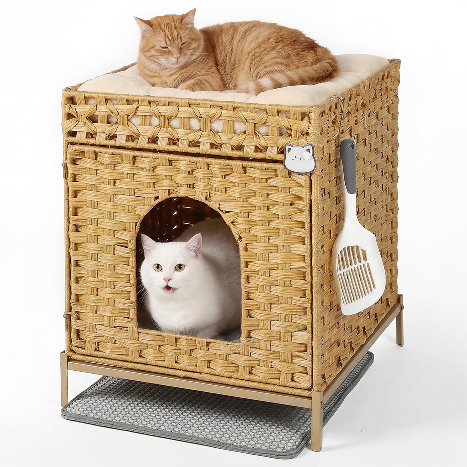 Caja De Arena para Gatos, Casa para Gatos Tejida A Mano En PE RattáN con Alfombra Y Ganchos S, Mueble De Caja De Arena Oculta para Sala, Dormitorio Y BalcóN, 47X52X59 Cm, Natural