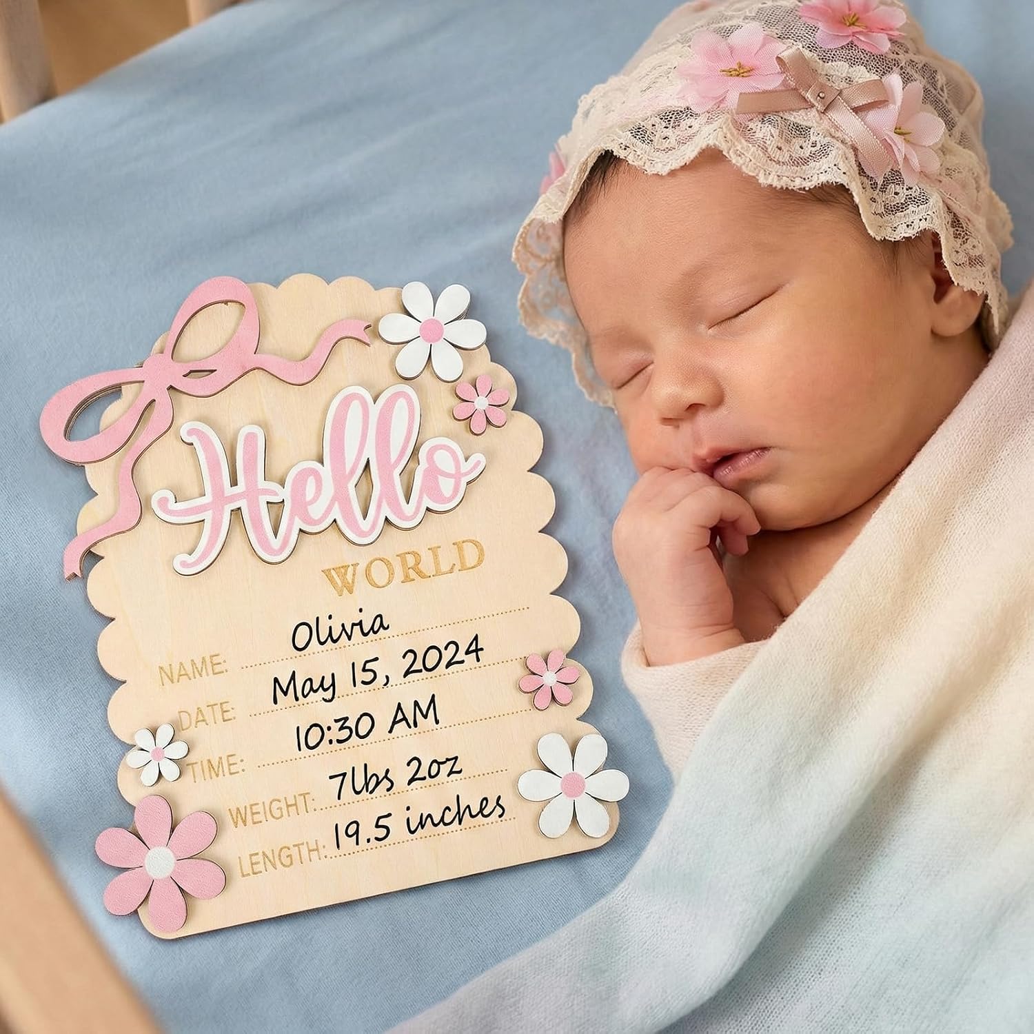 Baby Announcement Sign Hello Worlds Newborn Sign Wooden 3D Pink Bows Birth Announcement Signs She’s Here Card for Newborn Photo Props Welcome Babies Shower Hospital Nursery Decor Double-Sided