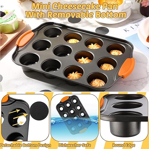 Miniatura 3 de Paquete de 3 mini moldes para tartas de queso extraíbles, 12 cavidades, mini molde para magdalenas con mango de silicona, antideslizante, anticalor,