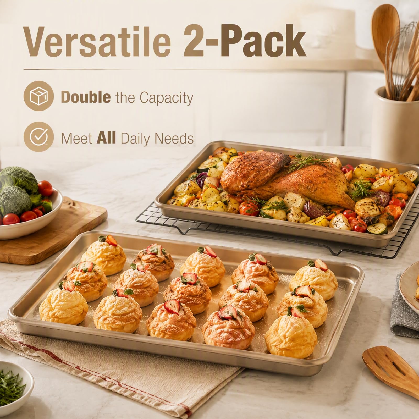 Nicunom 2er Set Blatt Backblech, 44,5 x 30cm Antihaft-Backblech Pfannen Backpapier Toaster Ofen Backbleche Set, perfekte Cookie Sheet zum Backen und Braten