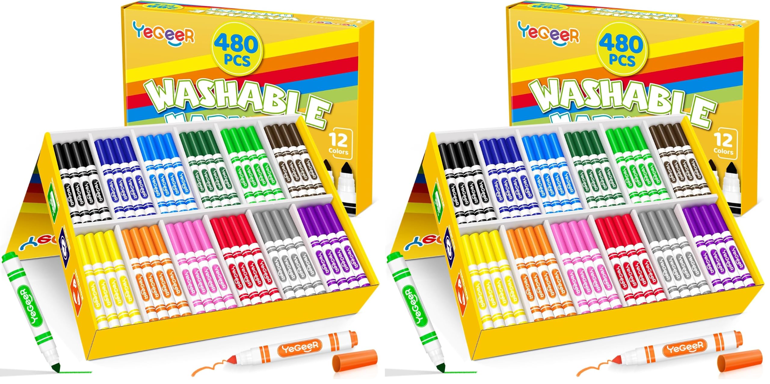 YEGEER 480 Count Washable Markers Bulk – 12 Assorted Colors, Broad Tip Markers for Kids, Teachers, and Classroom Supplies, Perfect for Art and Coloring. (Pack of 2)
