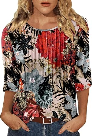 KISSMODA Tunic Tops for Women Loose Fit Dressy Round Neck Pleated 3/4 Length Sleeve Spring Tops