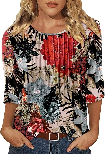 KISSMODA Tunic Tops for Women Loose Fit Dressy Round Neck Pleated 3/4 Length Sleeve Spring Tops